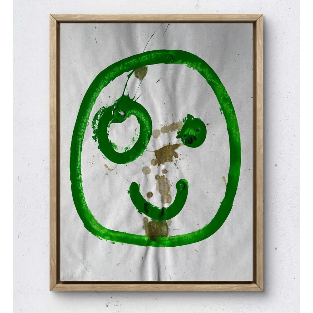 Abstract Green Smiley Face Original Painting 8.5x11 Mixed Media Wall Art